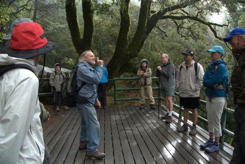 Ken Himes and CNPS hike audience at Castle Rock viewing platform.  Includes Alf Fengler with the hiking pole